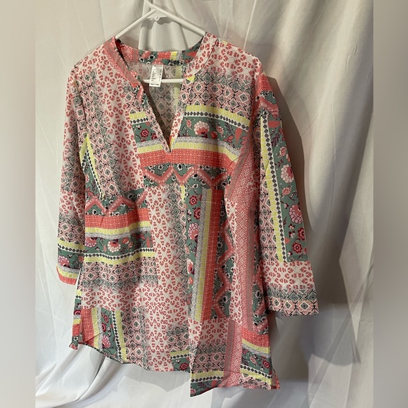 Womens 3/4 Sleeve MultiPrint Multi Color Boho Style Top Size 12 (Large) NWOT - Picture 2 of 16